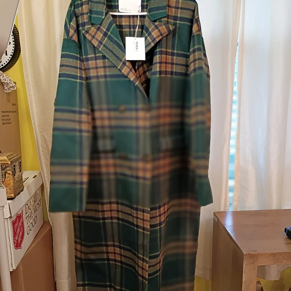 OAK + FORT Green and Brown Plaid Pea Coat - Picture 1 of 6